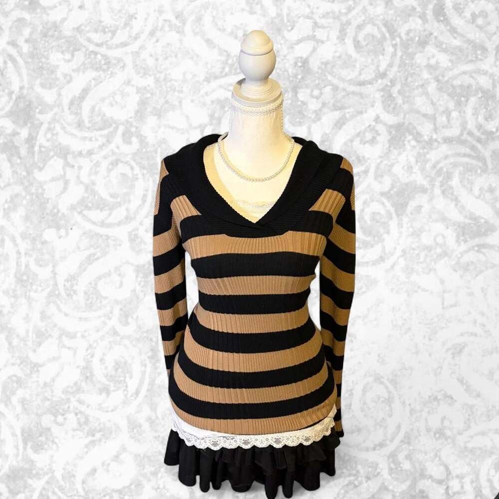 Derek Heart 2000s Striped Ribbed Long Sleeve Sweater